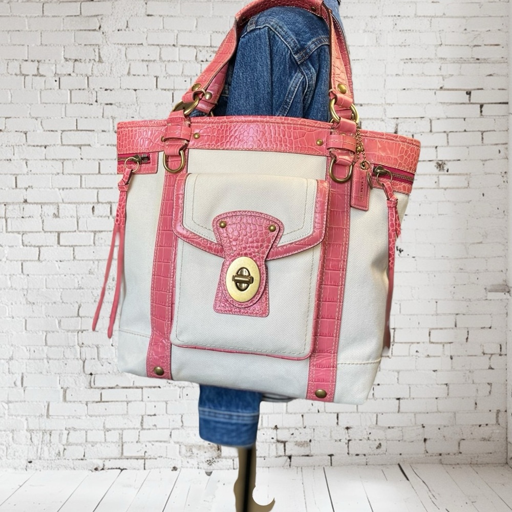 Coach RARE Exotic Legacy Pink Croc Embossed Trim Tote Y2K - Picture 5 of 17